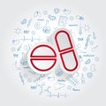Pills icon on handdrawn healthcare doodles background. Vector