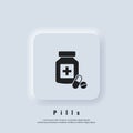 Pills icon. Medicine bottle icon. Drugstore logo. Medicament. Vector. UI icon. Neumorphic UI UX white user interface web button.