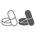 Pills line and glyph icon, medical and pharmaceutical, capsule sign, vector graphics, a linear pattern on a white