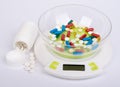 Pills lying loose on the scales and in bottles
