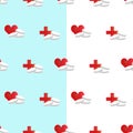 Pills, medical red cross, heart with a cardiogram. Pharmaceutical image seamless pattern on a blue white background. Pharmacy