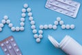 Pills, medications on a blue background. Cardiogram