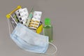 Pills, medications, a thermometer, a medical mask and disinfecting gel in a supermarket cart on a gray background Royalty Free Stock Photo