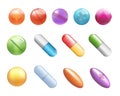 Pills. Medicine healthcare vitamins and antibiotics capsule, pharmaceutical painkiller or drugs isolated vector icons