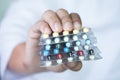 Pills and medicines in the hand pharmaceutical medicine pharmacy Royalty Free Stock Photo