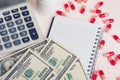 Pills, Money and calculator Royalty Free Stock Photo