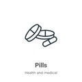 Pills outline vector icon. Thin line black pills icon, flat vector simple element illustration from editable health and medical