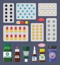 Pills Packss and Liquid Medical Means in Bottles Royalty Free Stock Photo