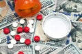 Pills And Pill Bottle On Hundred Dollar Bills Royalty Free Stock Photo