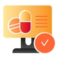 Pills recipe online flat icon. Drugs recipe color icons in trendy flat style. Medical recipe on monitor gradient style