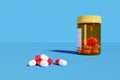 Pills red an white next of pill bottle isolated on blue background. Selective focus. 3d illustration Royalty Free Stock Photo