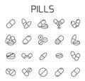 Pills related vector icon set.