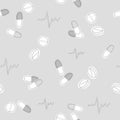 Pills seamless pattern. Medical pills and capsules seamless pattern. Grey pharmacy background.