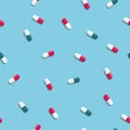 Pills seamless pattern vector background with green and red capsules. Coronavirus cure, medicine health treatment symbol