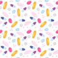 Pills seamless pattern. Vector illustration of colorful vitamin tablets and capsules on white background Royalty Free Stock Photo