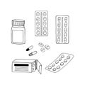 pills set hand drawn doodle. , scandinavian, nordic, minimalism, monochrome. icon. medicine, medicines, vitamins