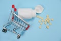 Pills in shopping cart on blue background. The concept: trade in medicines, pharmacies Royalty Free Stock Photo