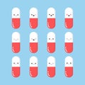 Pills smiling. Happy cute pills and tablets on a blue background, medication with emotion and eyes, smile, happiness. Vector image