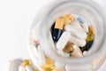 Pills spilled out of pill bottle, top view. Medication and medicine tablets. Copy space Royalty Free Stock Photo