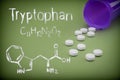 Pills spilling from an open bottle on green background, Chemical formulation of trytophan written with chalk