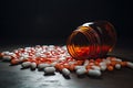 Pills spilling out of pill bottle on black background. Focus on foreground, Prescription opioids open bottle with many bottles of