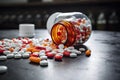 Pills spilling out of pill bottle on black wooden table with copy space, Prescription opioids open bottle with many bottles of Royalty Free Stock Photo