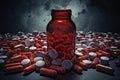 Pills spilling out of pill bottle on dark background 3D rendering, Prescription opioids with many bottles of pills in the Royalty Free Stock Photo