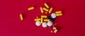 Pills spilling out of pill bottle . Top view with copy space. Medicine concept Royalty Free Stock Photo