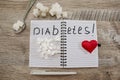 Pills and sugar cubes. Diabetes concept. The inscription `diabetes` on a notebook.