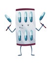 Pills super hero. Cute cartoon character with smiled face. Blister with capsule like a superman. Medicinal strong help