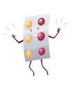 Pills super hero. Cute cartoon character with smiled face. Blister with tablet like a superman. Medicinal strong help