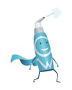 Pills super hero. Cute cartoon character with smiled face. Spray bottle like a superman with a cloak. Medicinal strong