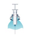 Pills super hero. Cute cartoon character with smiled face. Syringe like a superman with a cloak. Medicinal strong help