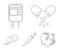 Pills, a syringe, a container of blood.Mtdicine set collection icons in outline style vector symbol stock illustration