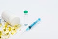 pills, syringe, gloves on a white background Royalty Free Stock Photo