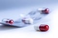 Pills. Tablets. Capsule. Heap of pills. Medical background. Close-up of pile of red white tablets - capsule. Pills and tablets. Royalty Free Stock Photo