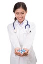 Pills, tablets and drugs heap in doctor`s hand Royalty Free Stock Photo