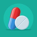 Pills and tablets icon for the treatment of illness and pain. Pharmacy and drugs symbols. Icons of pill. Medical vector