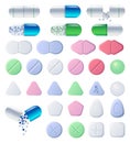 Pills, tablets and medicine drugs, capsules set Royalty Free Stock Photo