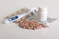 Pills and thermometer five Royalty Free Stock Photo