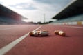 Pills on the treadmill in the stadium. Outside background.