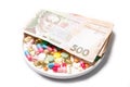 Pills and Ukrainian money on a white background. Royalty Free Stock Photo