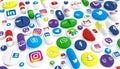 Pills of various types and sizes bearing the logo of the most famous social networks