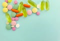 Pills vitamins pharmaceutical different    closeup addiction colored background healthcare medicament Royalty Free Stock Photo