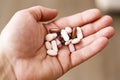 Pills in woman hand, drug addiction Royalty Free Stock Photo