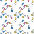 Pills of yellow, red, and blue colors on white background, seamless vector pattern illustration Royalty Free Stock Photo