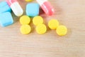 Pills yellow On wooden floor with copy space