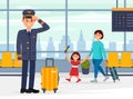 Pilot of aircraft waiting for flight. Man in uniform with suitcase standing in waiting hall of airport cartoon vector Royalty Free Stock Photo