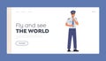 Pilot of Airplane Landing Page Template. Aviation Aircrew Male Character Wearing Uniform, Airport Staff, Plane Captain