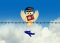 Pilot bird with passport on wire